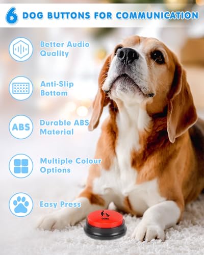 Dog Buttons for Communication, 6 Pcs Dog Talking Button Set, 30s Voice Recordable Pet Training Buzzer, Speaking Buttons for Cats & Dogs with Waterproof Dog Activity Mat and 24 Scene Stickers