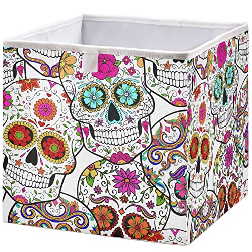 visesunny Rectangular Shelf Basket Sugar Skull with Flower Clothing Storage Bins Closet Bin with Handles Foldable Rectangle Storage Baskets Fabric Containers Boxes for Clothes,Books,Toys,Shelves,Gifts