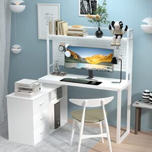 pakasept home office computer desk l shaped desk, reversible corner desk with drawers & shelves & pegboard, white desk study writing table for home office