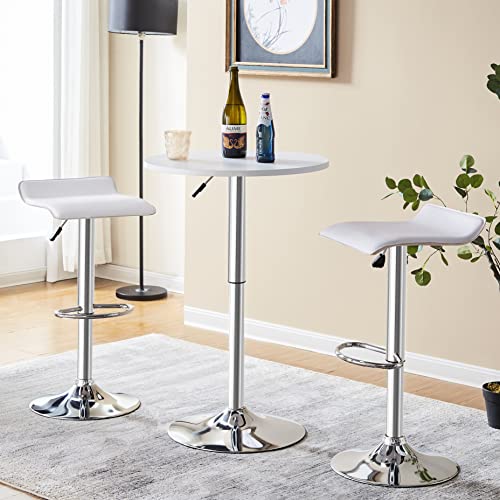 FurnitureR 3-Piece Bar Table Chairs Set, Round Cocktail Table and PU Leather Adjustable Swivel Chairs Barstools, Modern Counter Height, Home Office (White)