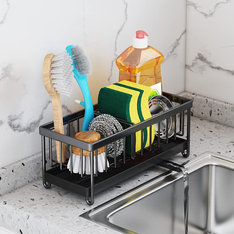 DMJWAN Kitchen Sink Caddy Sponge Organizer, 304 Stainless Steel Holder for Sink,Countertop with Removable Drain Tray with Diversion Drainage.