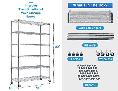 6-Tier Metal Wire Shelving Unit w/Wheels Height Adjustable Storage Rack NSF Certified Storage Shelves 2150/500 Lbs Capacity Standing Utility Shelf for Laundry Kitchen Pantry Garage Organization