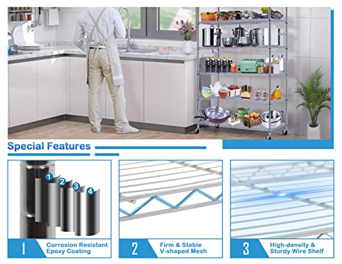 6-Tier Metal Wire Shelving Unit w/Wheels Height Adjustable Storage Rack NSF Certified Storage Shelves 2150/500 Lbs Capacity Standing Utility Shelf for Laundry Kitchen Pantry Garage Organization