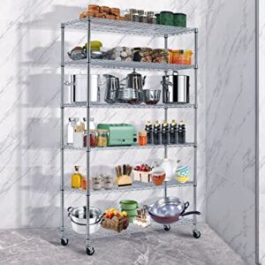 6-Tier Metal Wire Shelving Unit w/Wheels Height Adjustable Storage Rack NSF Certified Storage Shelves 2150/500 Lbs Capacity Standing Utility Shelf for Laundry Kitchen Pantry Garage Organization