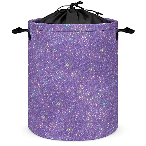 Laundry Hamper Purple Shiny Glitter Fabric Storage Basket Round Collapsible Bling Laundry Baskets with Drawstring Closure for Bedroom Living Room Bathroom