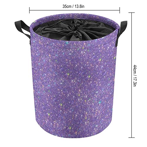 Laundry Hamper Purple Shiny Glitter Fabric Storage Basket Round Collapsible Bling Laundry Baskets with Drawstring Closure for Bedroom Living Room Bathroom