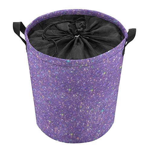 Laundry Hamper Purple Shiny Glitter Fabric Storage Basket Round Collapsible Bling Laundry Baskets with Drawstring Closure for Bedroom Living Room Bathroom