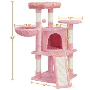 Topeakmart 42in Pink Cat Tree for Indoor Cats, Cat Tower Stand Play House with Sisal-Covered Scratching Posts, Multi-Level Cat Furniture Activity Center