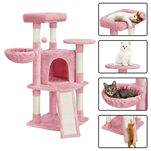 Topeakmart 42in Pink Cat Tree for Indoor Cats, Cat Tower Stand Play House with Sisal-Covered Scratching Posts, Multi-Level Cat Furniture Activity Center