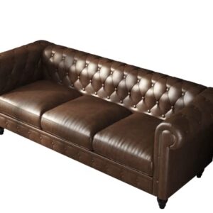 Kadway Brown Leather Sofa Couch, 89" Chesterfield Button-Tufted Couch for 3-4 Persons, Upholstered 3 Seater Couches, Large Sectional Sofa Couch, Deep Seat Sofa for Living Room Apartment Home Office