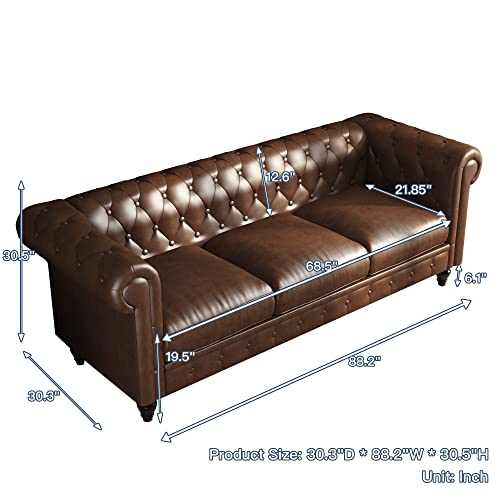 Kadway Brown Leather Sofa Couch, 89" Chesterfield Button-Tufted Couch for 3-4 Persons, Upholstered 3 Seater Couches, Large Sectional Sofa Couch, Deep Seat Sofa for Living Room Apartment Home Office