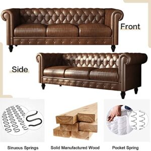 Kadway Brown Leather Sofa Couch, 89" Chesterfield Button-Tufted Couch for 3-4 Persons, Upholstered 3 Seater Couches, Large Sectional Sofa Couch, Deep Seat Sofa for Living Room Apartment Home Office