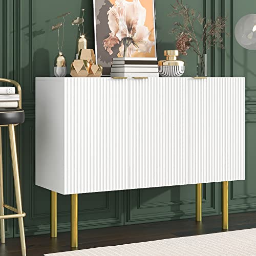 Melpomene Modern Sideboard Buffet Cabinet with Adjustable Shelves, Kitchen Storage Cabinet with 3 Doors and Metal Legs, Liquor Cabinet, Cupboard Console Table, Accent Cabinet,White