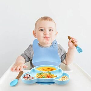xuan dian Silicone Baby Feeding Set, Silicone Suction Plate Shape Self Feeding Adjustable Bib，Suction Plate for Baby Toddler with Spoon Fork Adjustable Bib Set-Blue