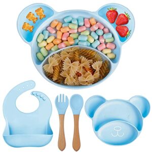 xuan dian silicone baby feeding set, silicone suction plate shape self feeding adjustable bib，suction plate for baby toddler with spoon fork adjustable bib set-blue