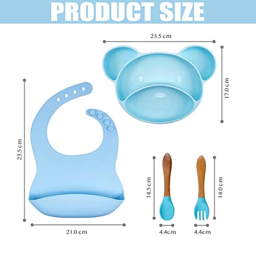 xuan dian Silicone Baby Feeding Set, Silicone Suction Plate Shape Self Feeding Adjustable Bib，Suction Plate for Baby Toddler with Spoon Fork Adjustable Bib Set-Blue