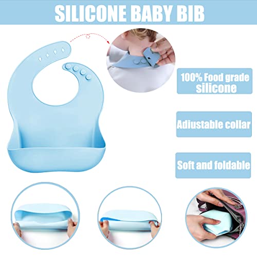 xuan dian Silicone Baby Feeding Set, Silicone Suction Plate Shape Self Feeding Adjustable Bib，Suction Plate for Baby Toddler with Spoon Fork Adjustable Bib Set-Blue