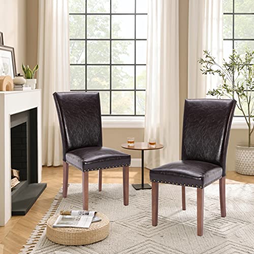 PU Leather Dining Chairs Set of 2, Upholstered Parsons Dining Room Kitchen Side Chair with Nailhead Trim and Wood Legs - Dark Brown