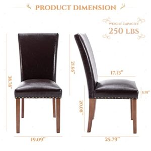 PU Leather Dining Chairs Set of 2, Upholstered Parsons Dining Room Kitchen Side Chair with Nailhead Trim and Wood Legs - Dark Brown