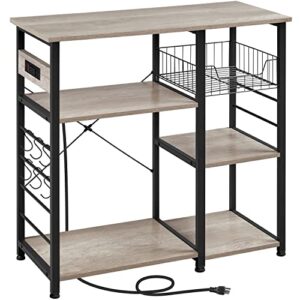yaheetech baker's rack with power outlet, 4-tier coffee bar station microwave stand with wire basket and 6 s-shaped hooks, durable kitchen storage shelf ample cart, gray