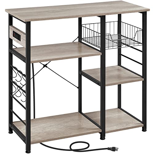 Yaheetech Baker's Rack with Power Outlet, 4-Tier Coffee Bar Station Microwave Stand with Wire Basket and 6 S-Shaped Hooks, Durable Kitchen Storage Shelf Ample Cart, Gray