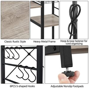 Yaheetech Baker's Rack with Power Outlet, 4-Tier Coffee Bar Station Microwave Stand with Wire Basket and 6 S-Shaped Hooks, Durable Kitchen Storage Shelf Ample Cart, Gray