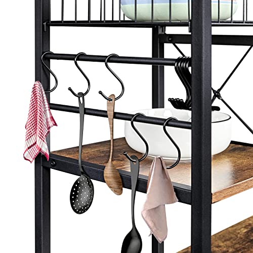 Yaheetech Baker's Rack with Power Outlet, 4-Tier Coffee Bar Station Microwave Stand with Wire Basket and 6 S-Shaped Hooks, Durable Kitchen Storage Shelf Ample Cart, Gray