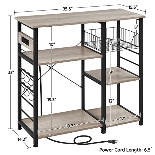 Yaheetech Baker's Rack with Power Outlet, 4-Tier Coffee Bar Station Microwave Stand with Wire Basket and 6 S-Shaped Hooks, Durable Kitchen Storage Shelf Ample Cart, Gray