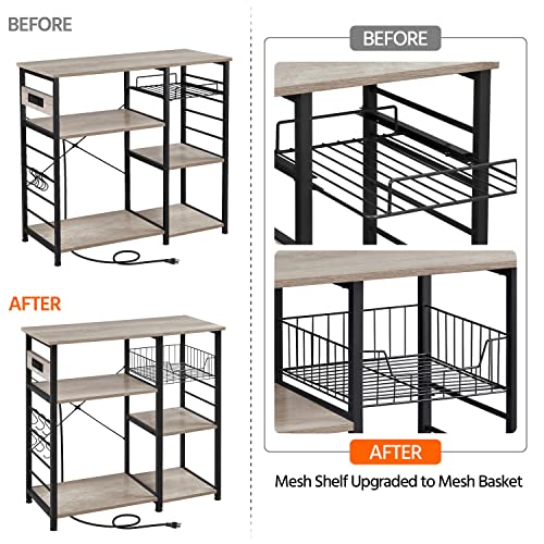 Yaheetech Baker's Rack with Power Outlet, 4-Tier Coffee Bar Station Microwave Stand with Wire Basket and 6 S-Shaped Hooks, Durable Kitchen Storage Shelf Ample Cart, Gray