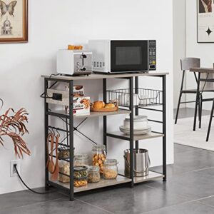 Yaheetech Baker's Rack with Power Outlet, 4-Tier Coffee Bar Station Microwave Stand with Wire Basket and 6 S-Shaped Hooks, Durable Kitchen Storage Shelf Ample Cart, Gray