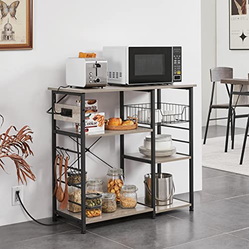 Yaheetech Baker's Rack with Power Outlet, 4-Tier Coffee Bar Station Microwave Stand with Wire Basket and 6 S-Shaped Hooks, Durable Kitchen Storage Shelf Ample Cart, Gray