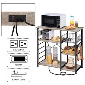 Yaheetech Baker's Rack with Power Outlet, 4-Tier Coffee Bar Station Microwave Stand with Wire Basket and 6 S-Shaped Hooks, Durable Kitchen Storage Shelf Ample Cart, Gray