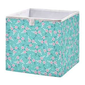 Kigai Cute Pink Flowers and Leaves Fabric Storage Bin 11" x 11" x 11" Cube Baskets Collapsible Store Basket Bins for Home Closet Bedroom Drawers Organizers