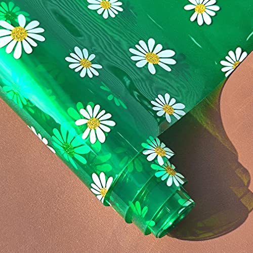 HYANG Bellis Perennis Chrysanthemum Green Transparent PVC Super Clear Holographic Vinyl Faux Leather Sheets 1 Roll 12" x 47" (30cm x 120cm) for DIY Bows Earrings Bags DIY Crafts Making