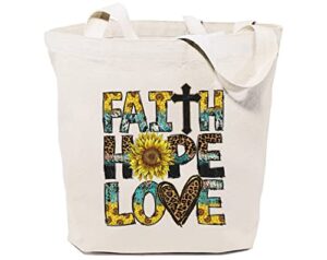 gxvuis faith hope love canvas tote bag for women sunflowers leopard print reusable grocery shopping bags christian gifts white