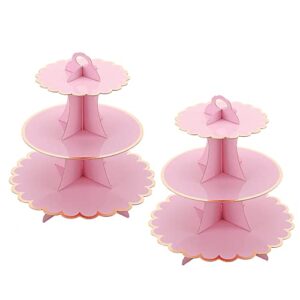 pink cardboard cupcake stand,2pcs pink cup cake holder thick paper dessert tray, 3-tier round serving tray perfect for baby girls pink and gold birthday baby shower party supplies