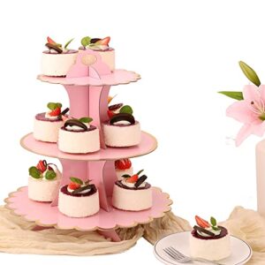 Pink Cardboard Cupcake Stand,2PCS Pink Cup Cake Holder Thick Paper Dessert Tray, 3-Tier Round Serving Tray Perfect for Baby Girls Pink and Gold Birthday Baby Shower Party Supplies