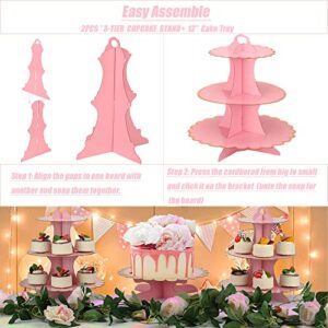 Pink Cardboard Cupcake Stand,2PCS Pink Cup Cake Holder Thick Paper Dessert Tray, 3-Tier Round Serving Tray Perfect for Baby Girls Pink and Gold Birthday Baby Shower Party Supplies