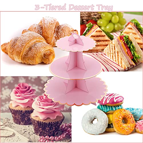 Pink Cardboard Cupcake Stand,2PCS Pink Cup Cake Holder Thick Paper Dessert Tray, 3-Tier Round Serving Tray Perfect for Baby Girls Pink and Gold Birthday Baby Shower Party Supplies
