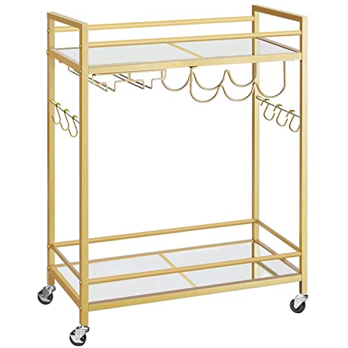 TUTOTAK Bar Cart, Serving Cart for Home, Microwave Cart, Drink Cart, Mobile Kitchen Shelf with Wine Rack and Glass Holder, Rolling Beverage Cart, Gold BC01BB031