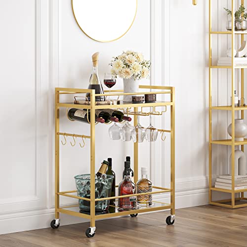 TUTOTAK Bar Cart, Serving Cart for Home, Microwave Cart, Drink Cart, Mobile Kitchen Shelf with Wine Rack and Glass Holder, Rolling Beverage Cart, Gold BC01BB031