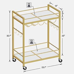 TUTOTAK Bar Cart, Serving Cart for Home, Microwave Cart, Drink Cart, Mobile Kitchen Shelf with Wine Rack and Glass Holder, Rolling Beverage Cart, Gold BC01BB031