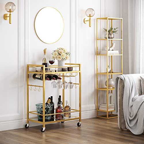 TUTOTAK Bar Cart, Serving Cart for Home, Microwave Cart, Drink Cart, Mobile Kitchen Shelf with Wine Rack and Glass Holder, Rolling Beverage Cart, Gold BC01BB031