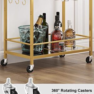 TUTOTAK Bar Cart, Serving Cart for Home, Microwave Cart, Drink Cart, Mobile Kitchen Shelf with Wine Rack and Glass Holder, Rolling Beverage Cart, Gold BC01BB031