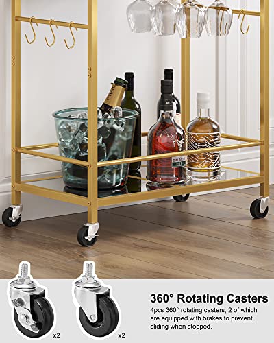 TUTOTAK Bar Cart, Serving Cart for Home, Microwave Cart, Drink Cart, Mobile Kitchen Shelf with Wine Rack and Glass Holder, Rolling Beverage Cart, Gold BC01BB031