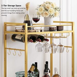 TUTOTAK Bar Cart, Serving Cart for Home, Microwave Cart, Drink Cart, Mobile Kitchen Shelf with Wine Rack and Glass Holder, Rolling Beverage Cart, Gold BC01BB031