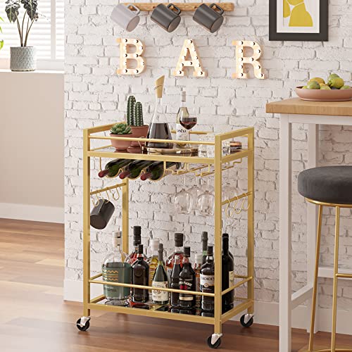 TUTOTAK Bar Cart, Serving Cart for Home, Microwave Cart, Drink Cart, Mobile Kitchen Shelf with Wine Rack and Glass Holder, Rolling Beverage Cart, Gold BC01BB031