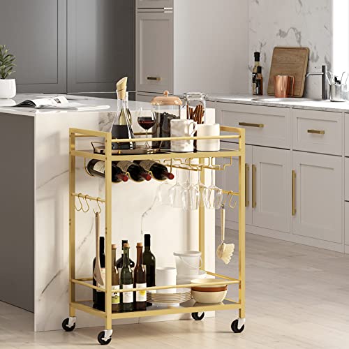 TUTOTAK Bar Cart, Serving Cart for Home, Microwave Cart, Drink Cart, Mobile Kitchen Shelf with Wine Rack and Glass Holder, Rolling Beverage Cart, Gold BC01BB031