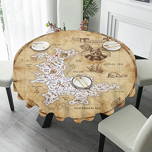 QiCHo Pirate Party Round Table Cloth Polyester Farmhouse Tablecloth Waterproof Decorative Fabric Table Cover for Kitchen (60 Inches (2-4 Seats), Light Brown)