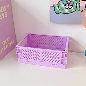 mini collapsible storage basket stackable storage bin crates container folding plastic storage box with handle foldable plastic storage case for stationery snacks cosmetics(purple)